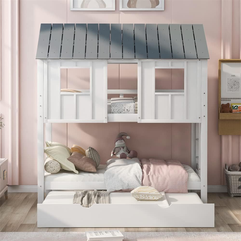 White Wood Twin Over Twin Bunk Bed with Trundle D6070