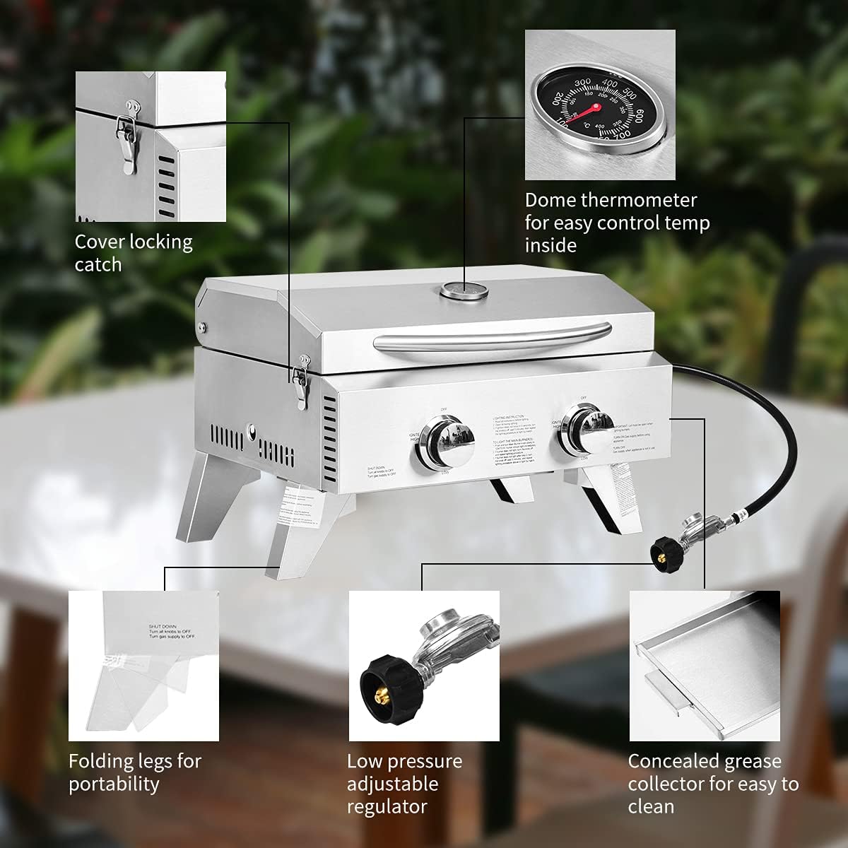 Portable Propane Gas Grill Two-Burner Outdoor BBQ Grill with Foldable Leg, 20000 BTU E53634