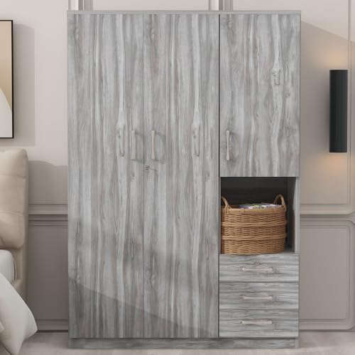 Grey 3 Door Wooden Wardrobe Closet Organizer with Drawers and Hanging Rail D947760