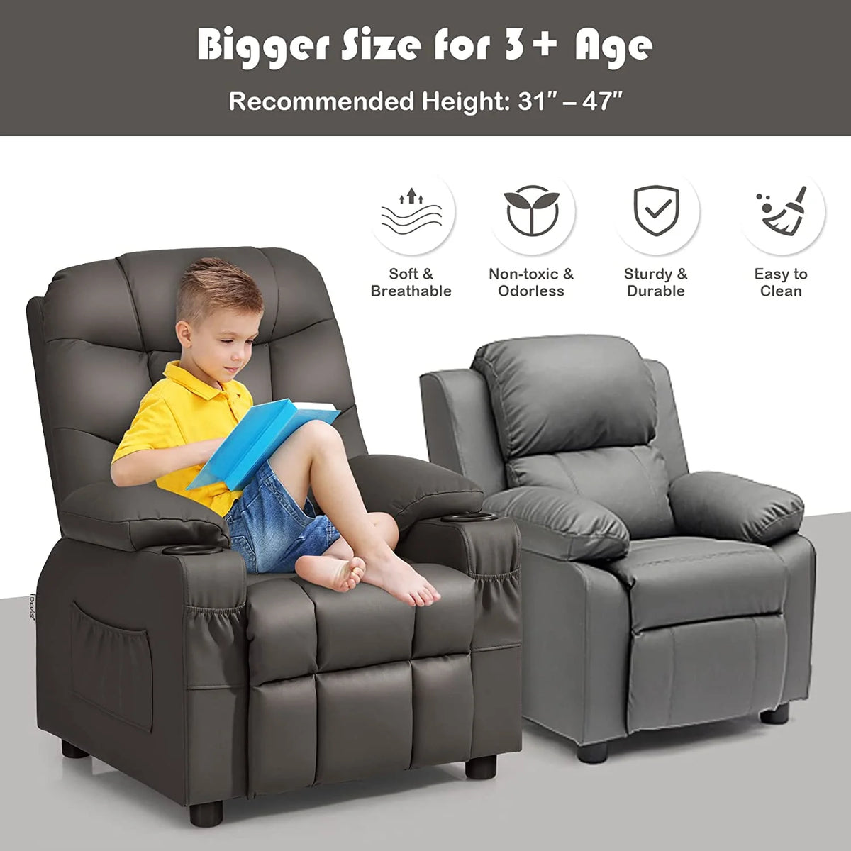 Brown PU Leather Kids Recliner Chair with Cup Holder D988482