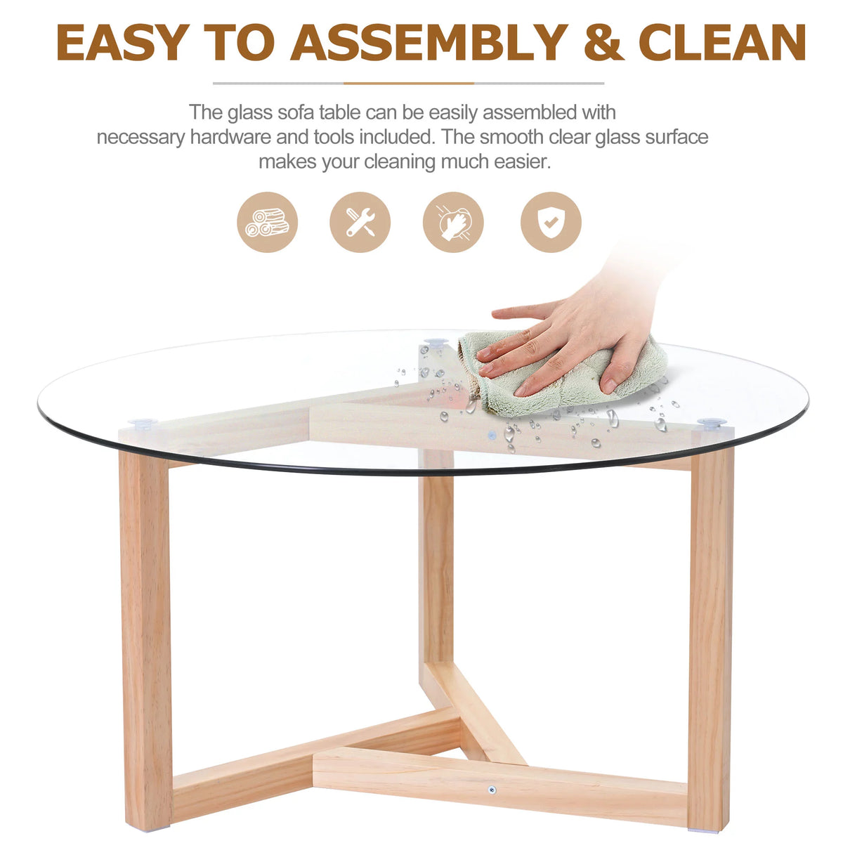 Round Glass Coffee Table with Tempered Glass Top & Wood Base F2262