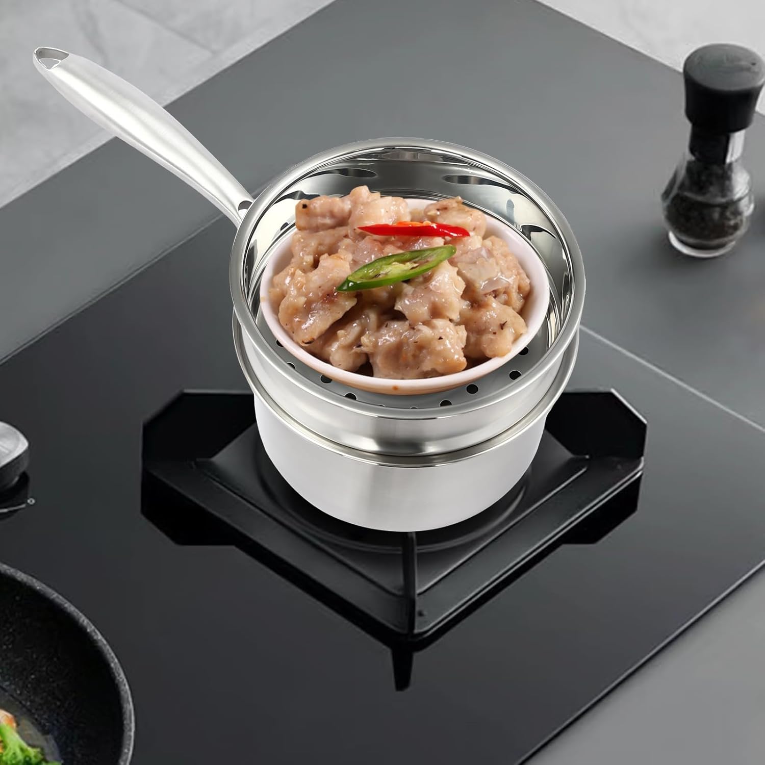 2-Layer Stainless Steel Steamer Pot with Transparent Lid F85972