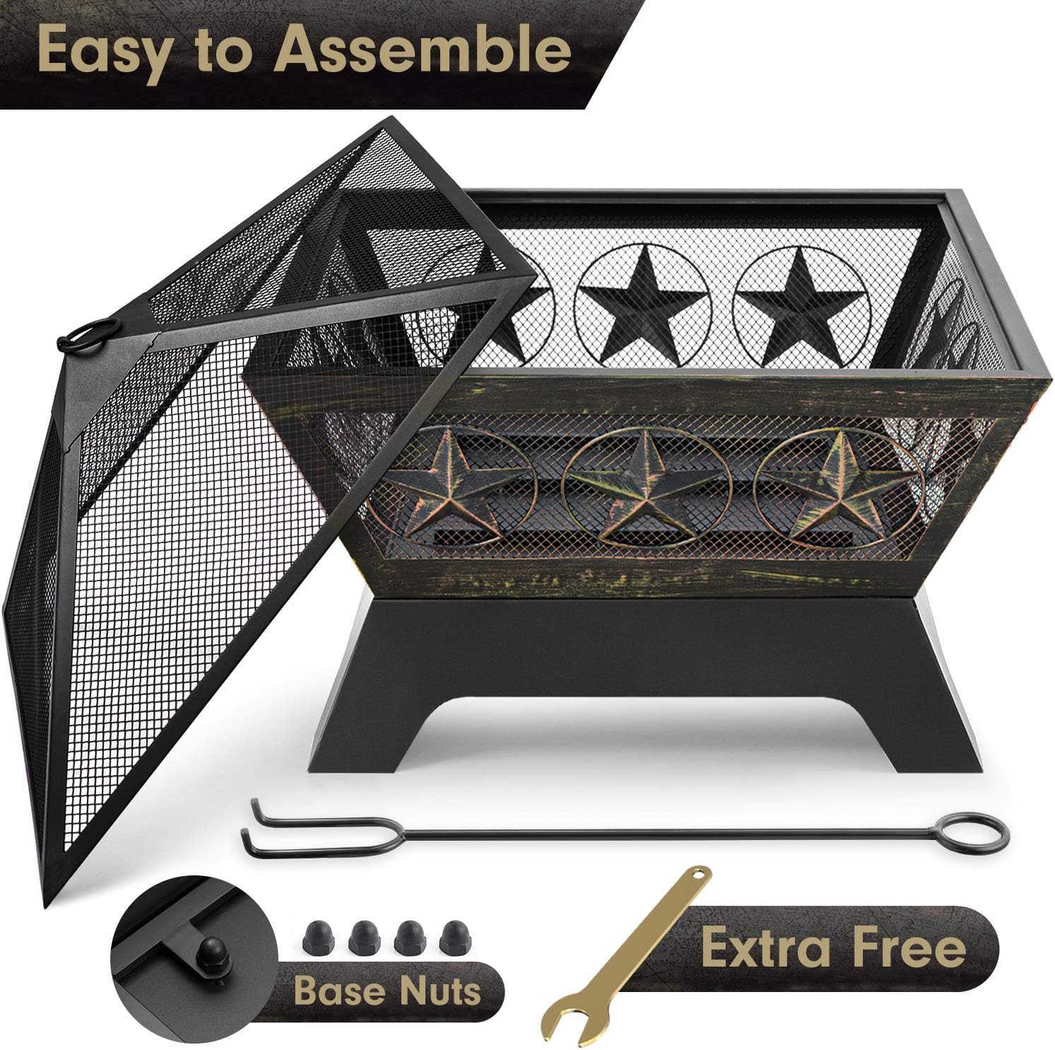 Fire Pit Outdoor Wood Burning 24in with Spark Screen Mesh Lid Bronze C2621