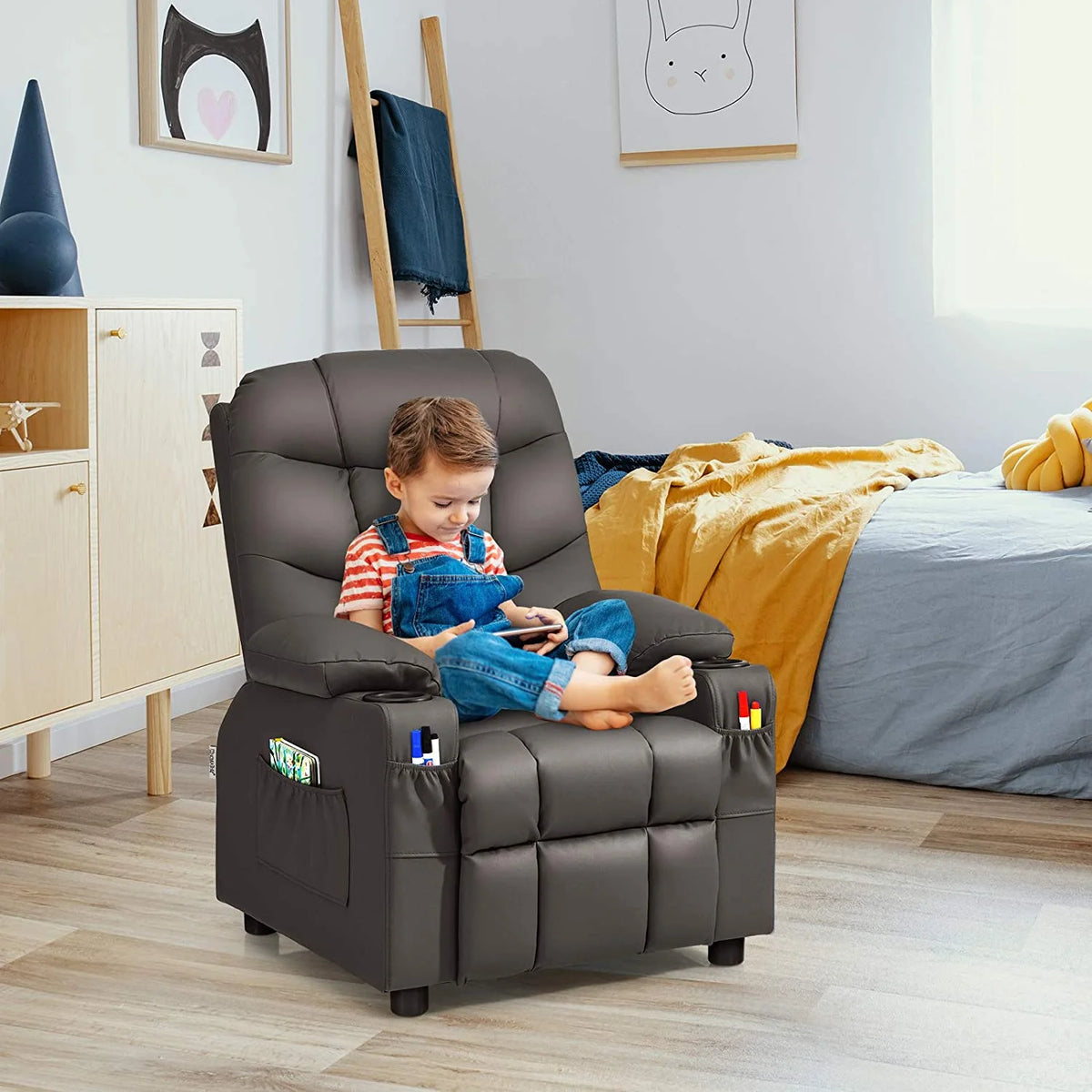 Brown PU Leather Kids Recliner Chair with Cup Holder D988482