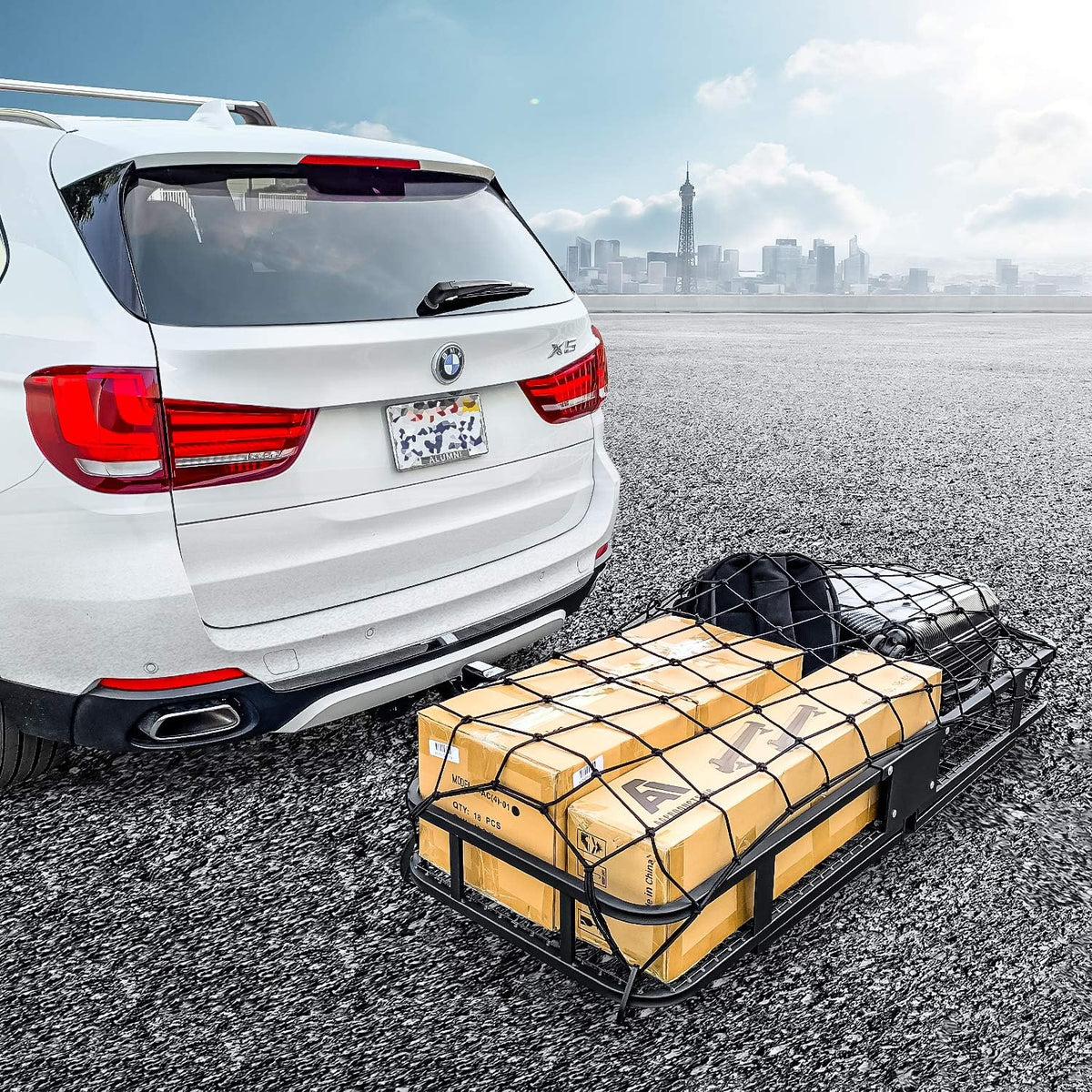 Hitch Mount Folding Cargo Carrier with Cargo Net, 500 LB Max Capacity B204