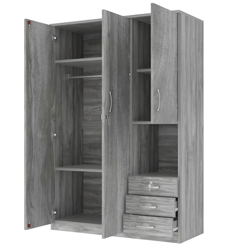 Grey 3 Door Wooden Wardrobe Closet Organizer with Drawers and Hanging Rail D947760
