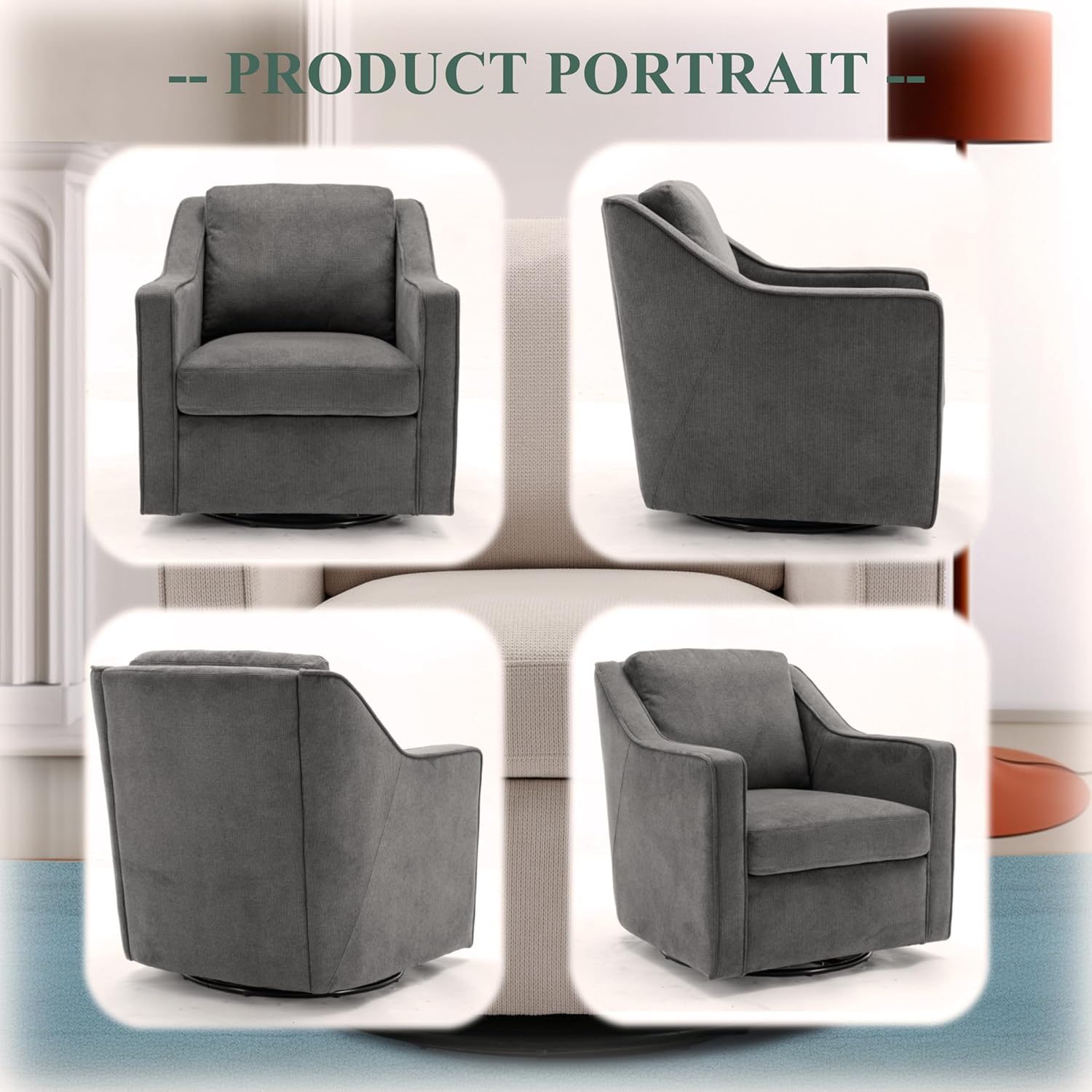 Grey Upholstered Fabric Swivel Accent Chair Set of 2 with Lumbar Pillow V104