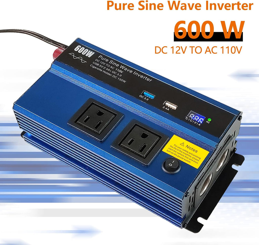 600W Pure Sine Wave Power Inverter DC12V to AC 110V with Dual AC Outlet Q803