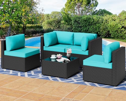 5 Pieces PE Wicker Outdoor Sectional Sofa with Glass Coffee Table C45938