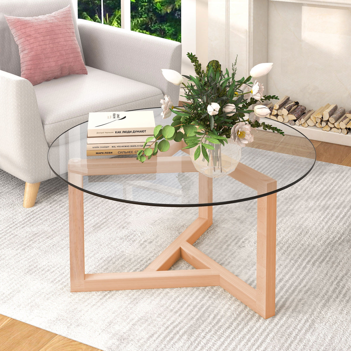 Round Glass Coffee Table with Tempered Glass Top & Wood Base F2262