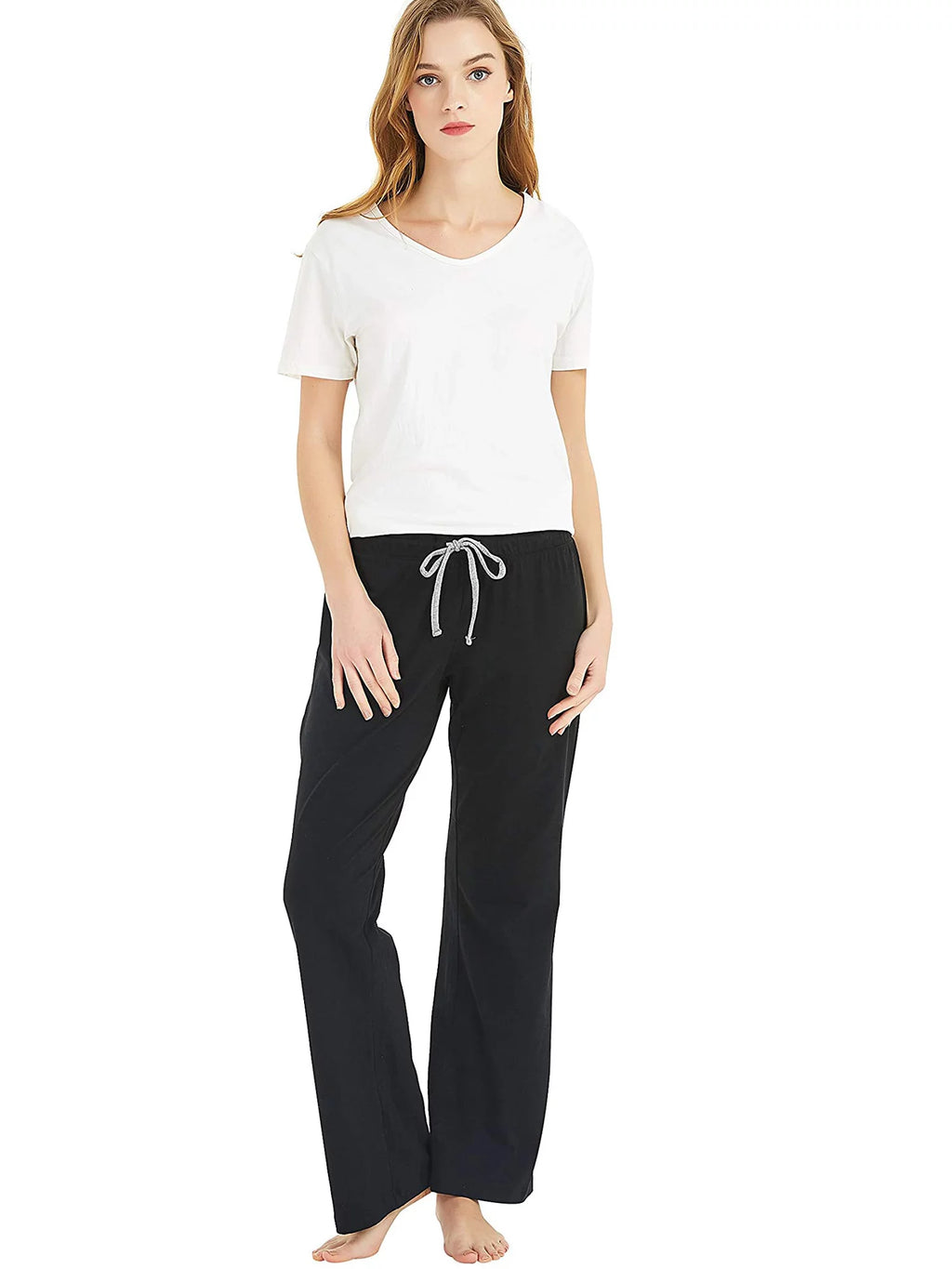 2 Pack Pajama Pants, Soft Lightweight Sleep Pj Bottoms, Black/Light Grey Mel, L S3848