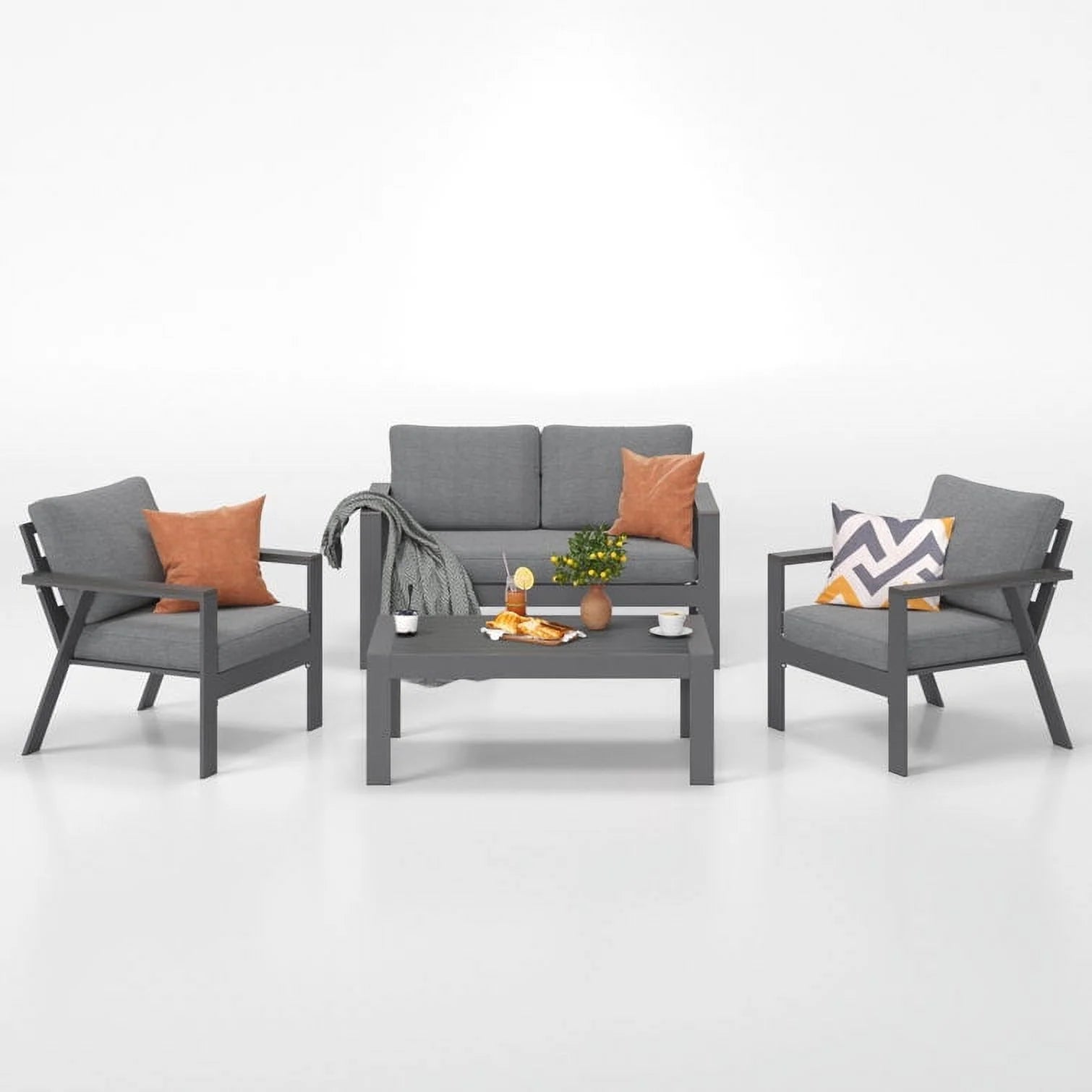 Gray 4-Seat Outdoor Aluminum Sectional Sofa with Cushions U66318