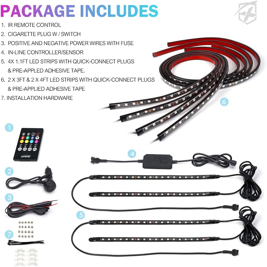 RGB LED Car Underglow Light Kits, 8PCS Underbody Interior Bluetooth Lights Y3214