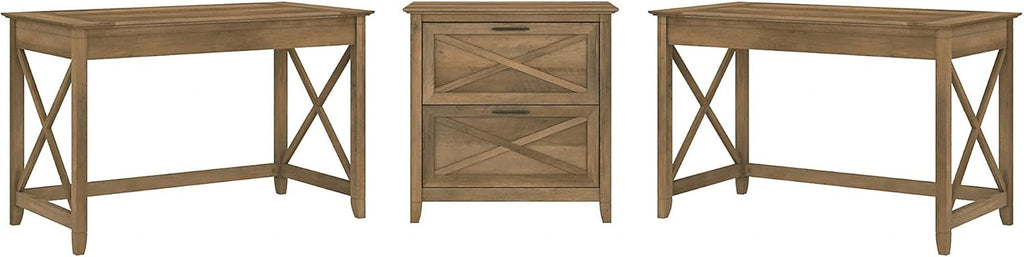 2 Person Desk Set with Lateral File Cabinet, Dark Gray Hickory Q560