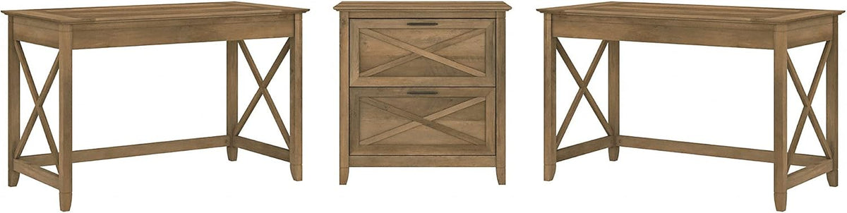 2 Person Desk Set with Lateral File Cabinet, Dark Gray Hickory Q560