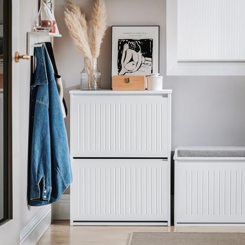 White Shoe Storage Cabinet with 2 Flip-Drawers B3310