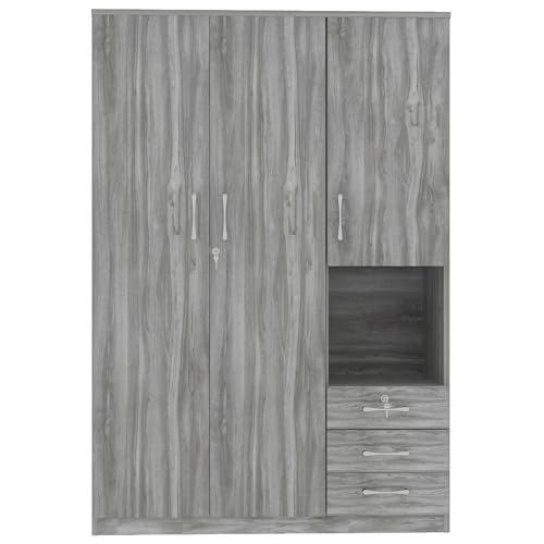 Grey 3 Door Wooden Wardrobe Closet Organizer with Drawers and Hanging Rail D947760