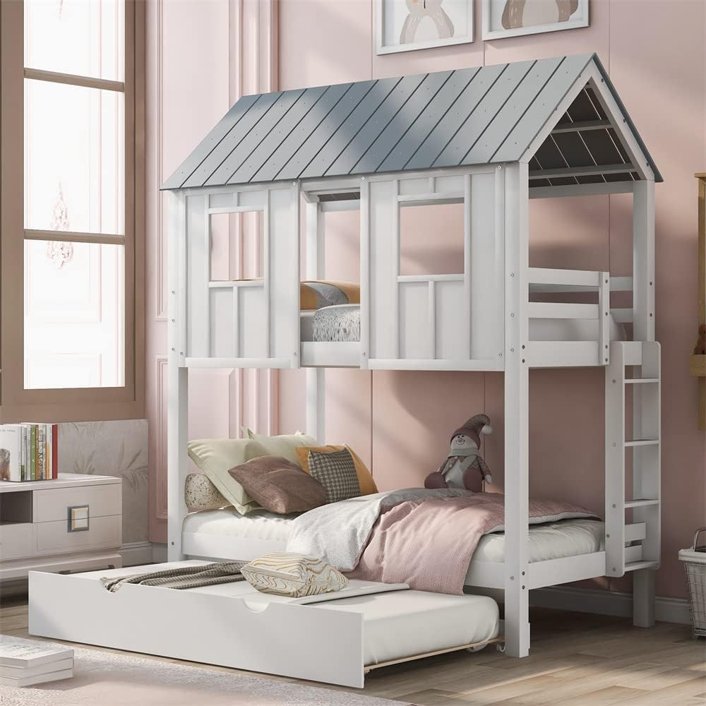 White Wood Twin Over Twin Bunk Bed with Trundle D6070