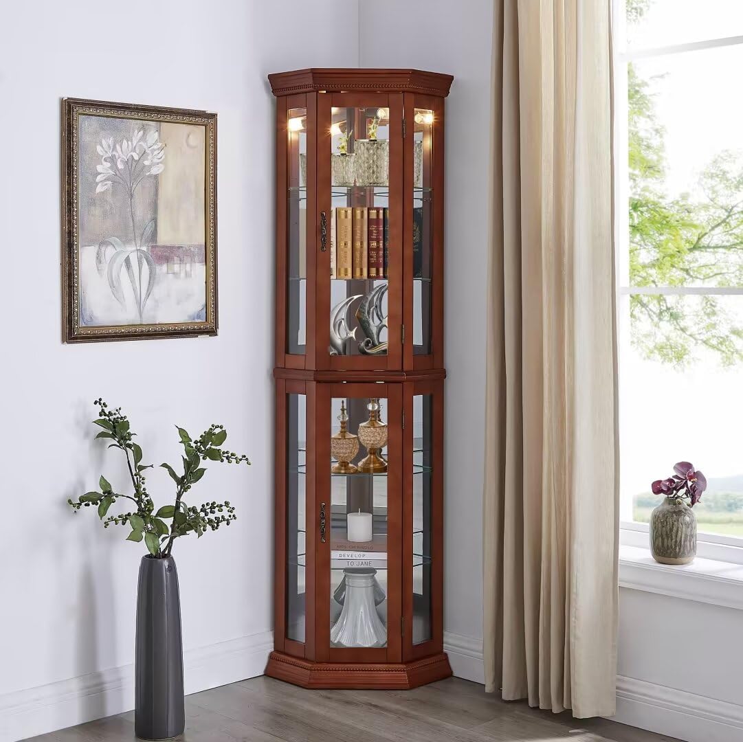 Oak Lighted Corner Curio Cabinet with Adjustable Tempered Glass Shelves Z202465