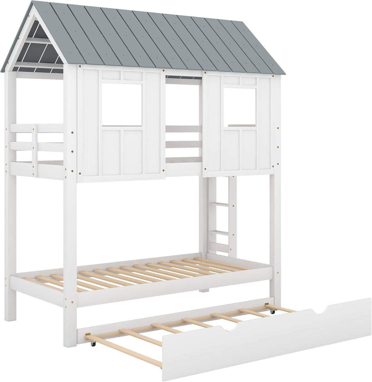 White Wood Twin Over Twin Bunk Bed with Trundle D6070