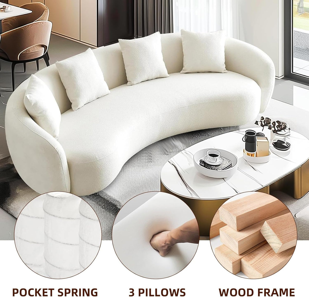 Teddy Fabric Curved Half Moon Sectional 4-Seat Sofa Couch with 4 Throw Pillows X786