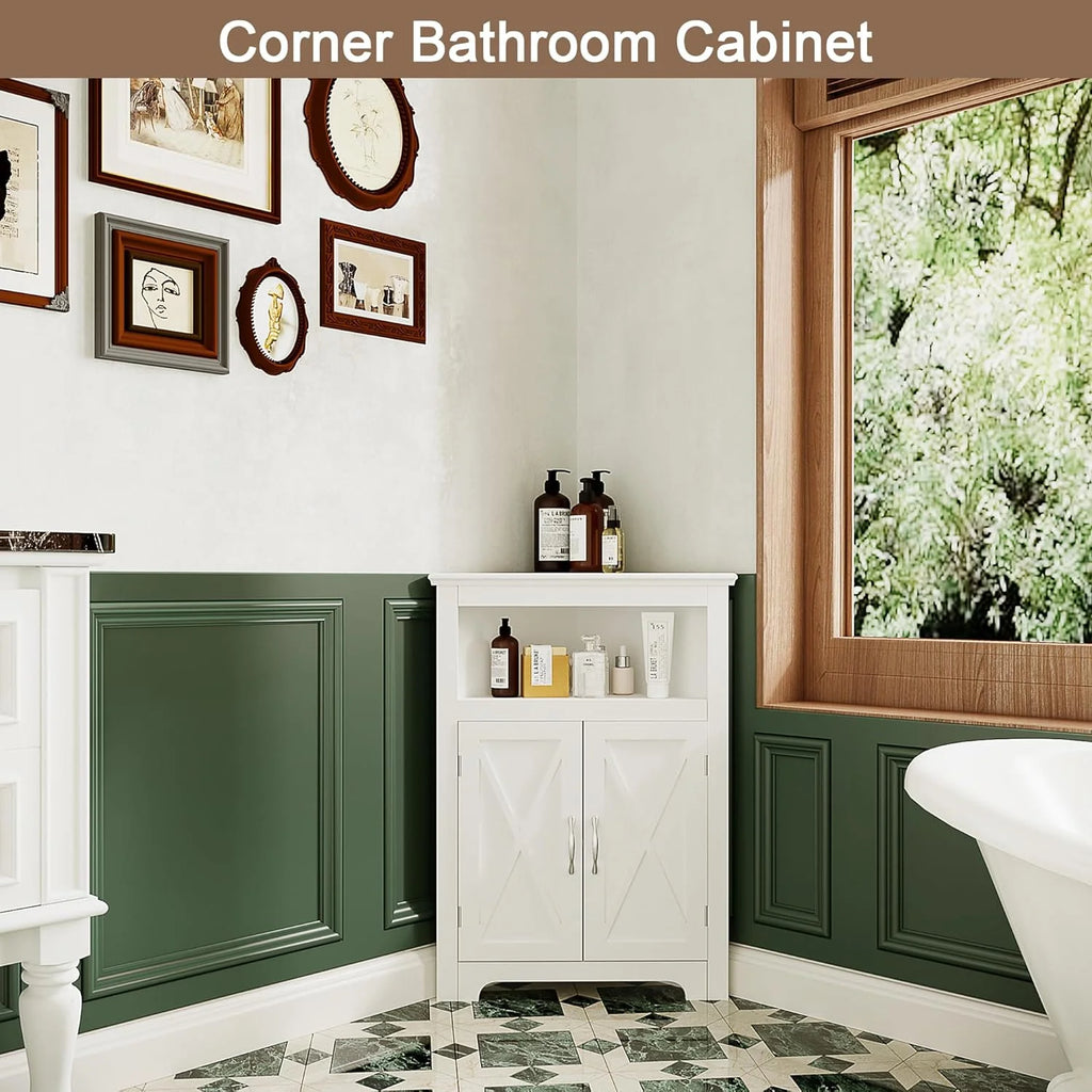 White Corner Storage Cabinet with Barn Door and Adjustable Shelf P10947