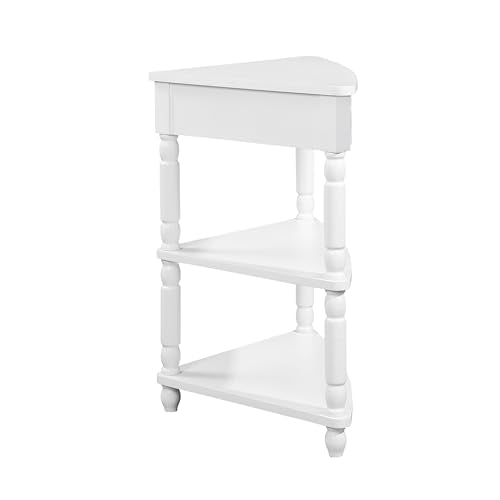 Triangle Side Table with Drawer and Storage Shelves (Milk White) S6147