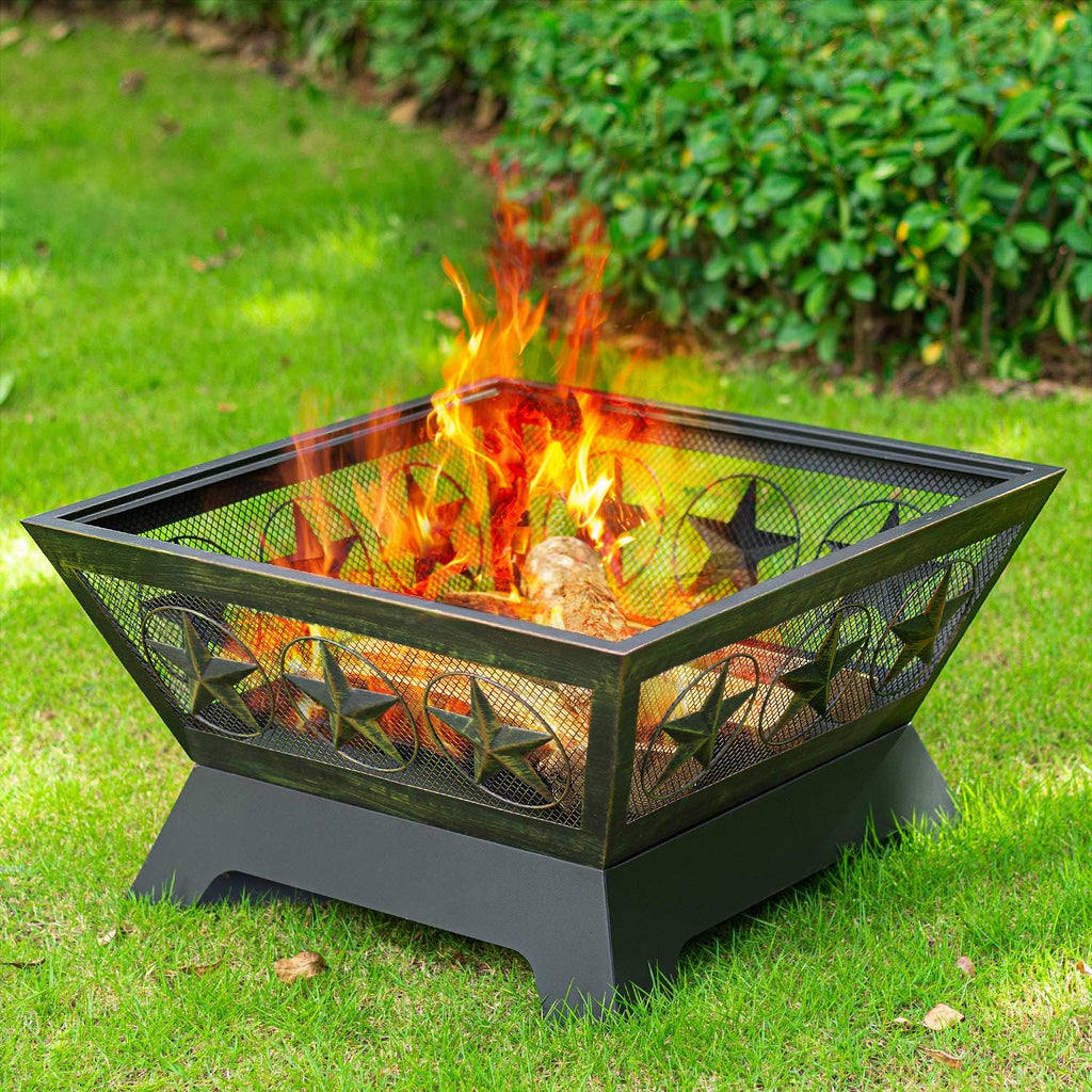 Fire Pit Outdoor Wood Burning 24in with Spark Screen Mesh Lid Bronze C2621