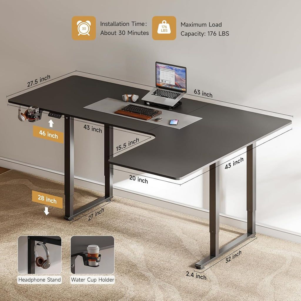 63x43 Inches L Shaped Electric Standing Desk Black K96976
