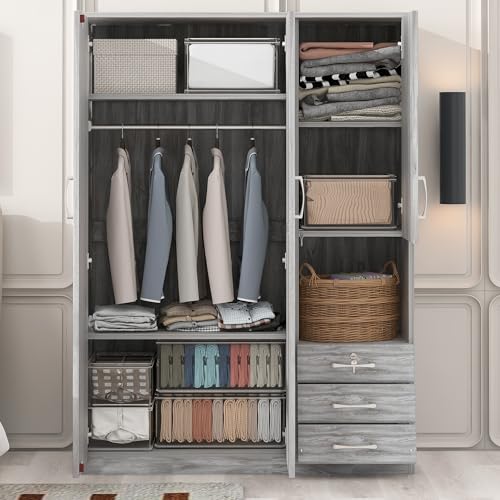 Grey 3 Door Wooden Wardrobe Closet Organizer with Drawers and Hanging Rail D947760