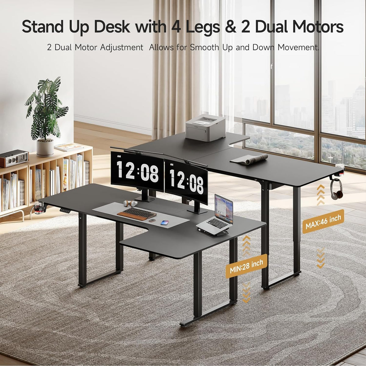 63x43 Inches L Shaped Electric Standing Desk Black K96976