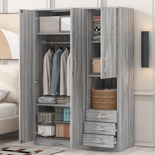 Grey 3 Door Wooden Wardrobe Closet Organizer with Drawers and Hanging Rail D947760