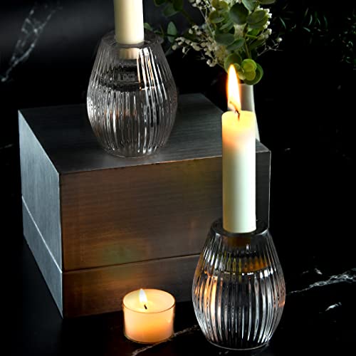 Clear Ribbed Glass Taper Candle Holders Set of 2 F245