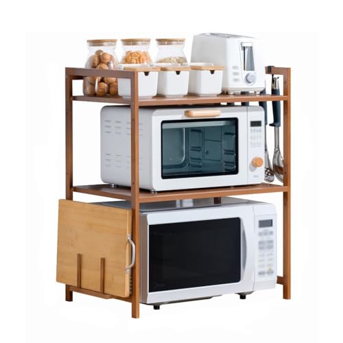 3 Tiers Adjustable Microwave Oven Rack Storage Shelf with 4 Hooks and Chopping Board Stand J683510