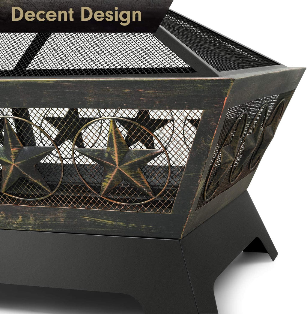 Fire Pit Outdoor Wood Burning 24in with Spark Screen Mesh Lid Bronze C2621