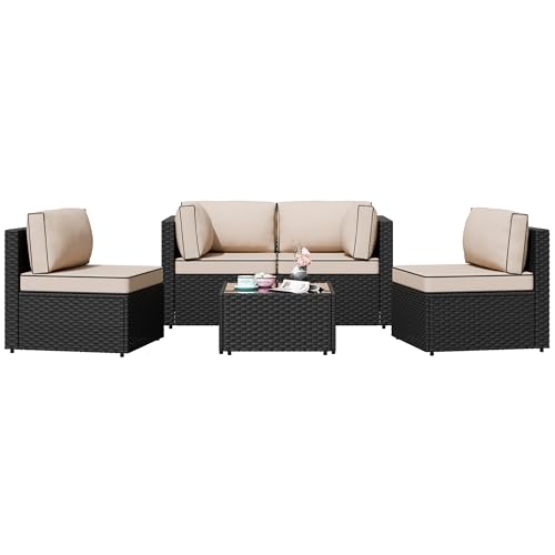 5 Pieces PE Wicker Outdoor Sectional Sofa with Glass Coffee Table C45938