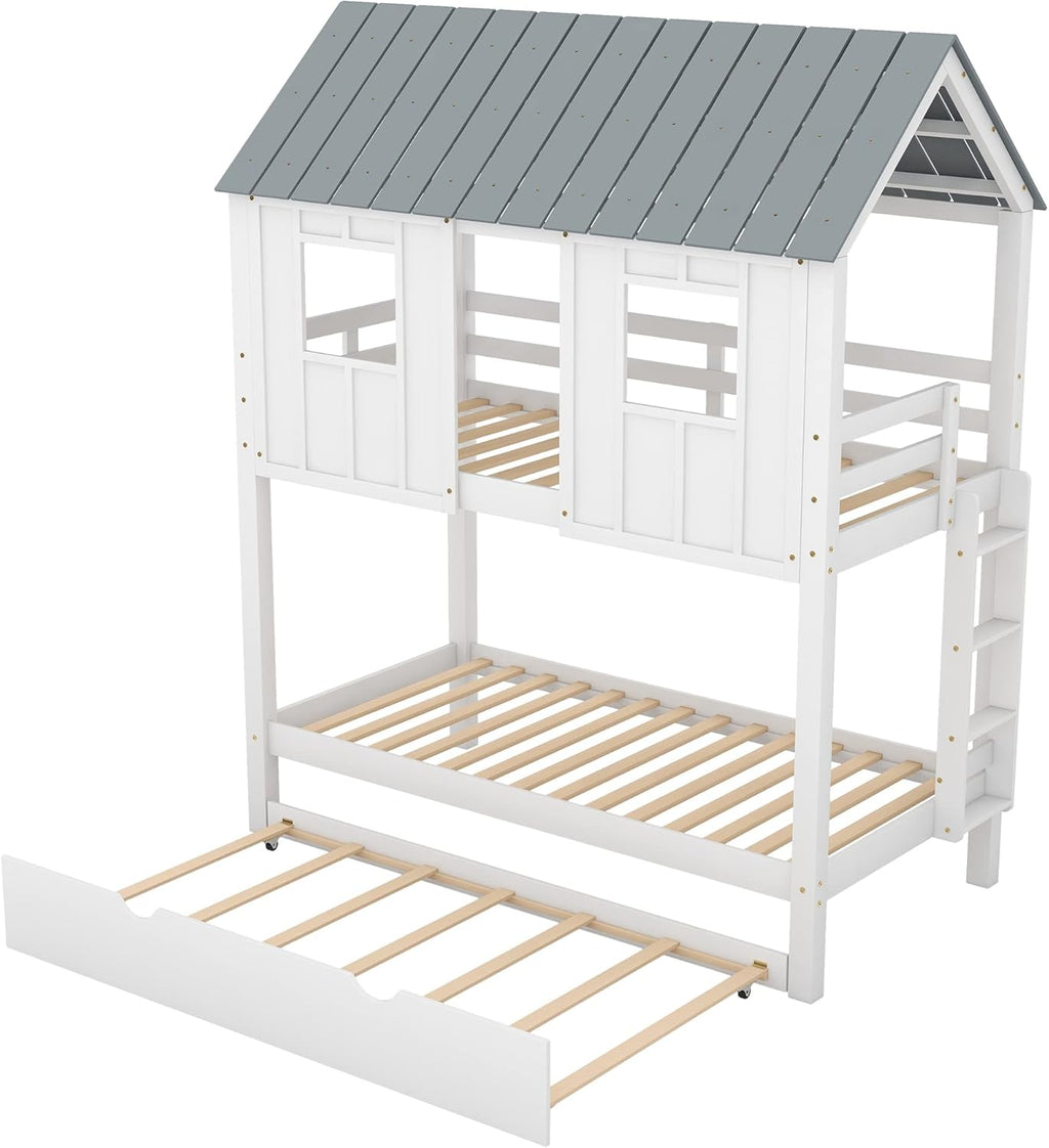 White Wood Twin Over Twin Bunk Bed with Trundle D6070