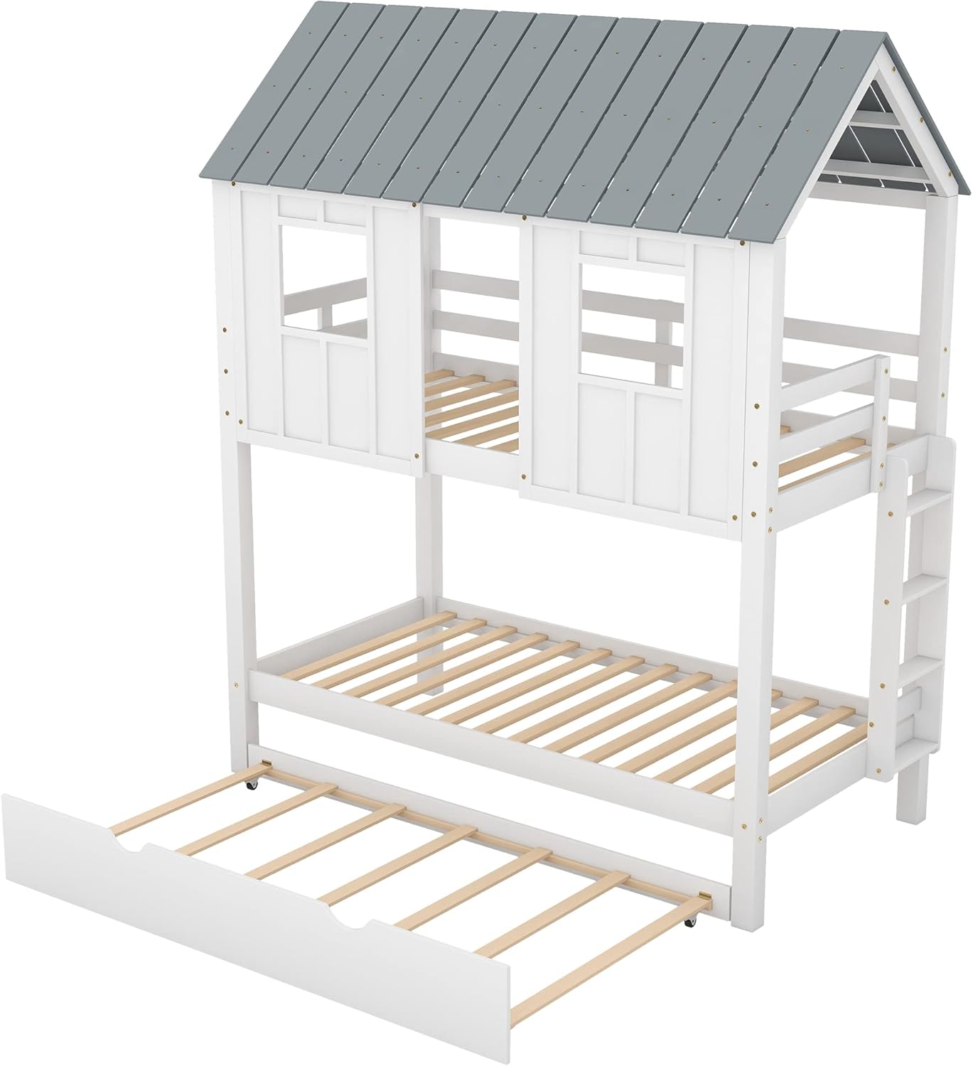 White Wood Twin Over Twin Bunk Bed with Trundle D6070