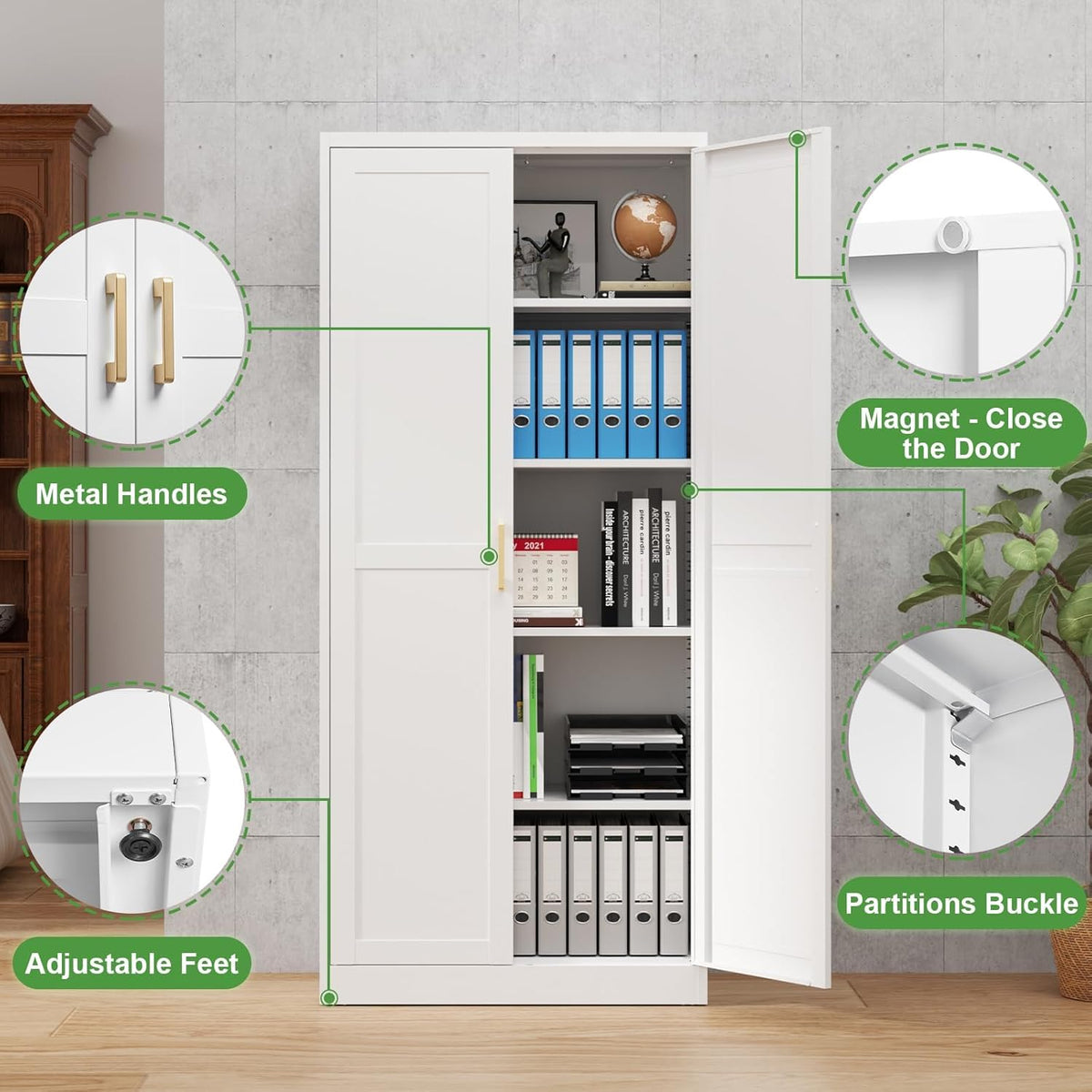 White Tall Kitchen Pantry Cabinet with Doors and Shelves B376153