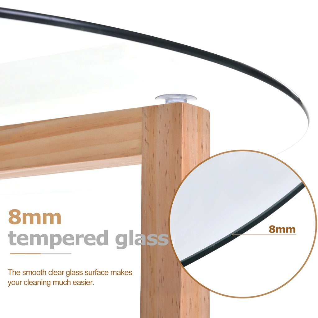 Round Glass Coffee Table with Tempered Glass Top & Wood Base F2262