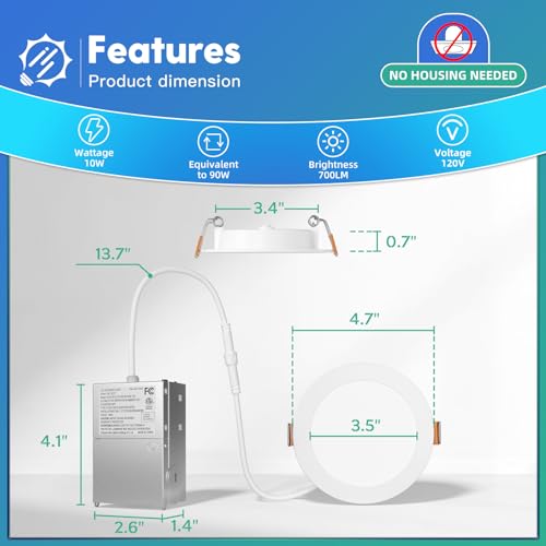 6 Pack 6 Inch Ultra-Thin LED Recessed Ceiling Light with Junction Box, Selectable 2700K/3000K/3500K/4000K/5000K, Dimmable A987650