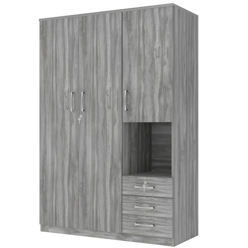 Grey 3 Door Wooden Wardrobe Closet Organizer with Drawers and Hanging Rail D947760