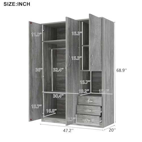 Grey 3 Door Wooden Wardrobe Closet Organizer with Drawers and Hanging Rail D947760
