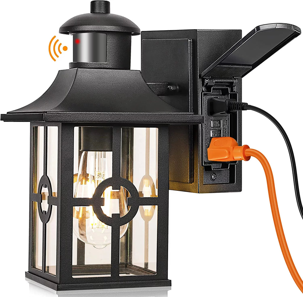 Outdoor Motion Sensor Porch Light with 2 GFCI Outlets Dusk to Dawn Wall Light Waterproof Aluminum W972050