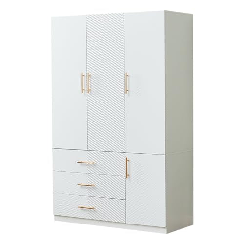 White 4 Doors 3 Drawers Wooden Closet Cabinet Wardrobe Armoire V8323