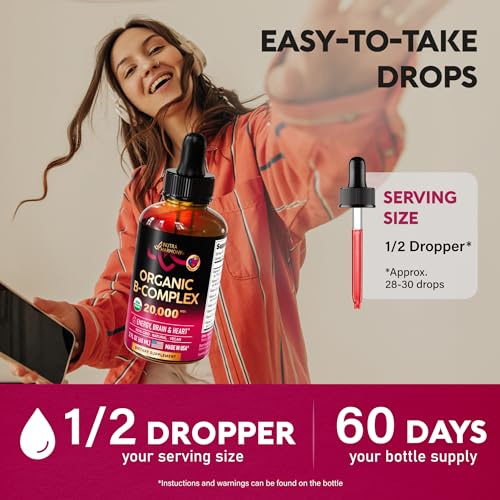 USDA Organic Vitamin B12 Sublingual Drops 5000 mcg Liquid Vegan Methylcobalamin 2 fl oz T447