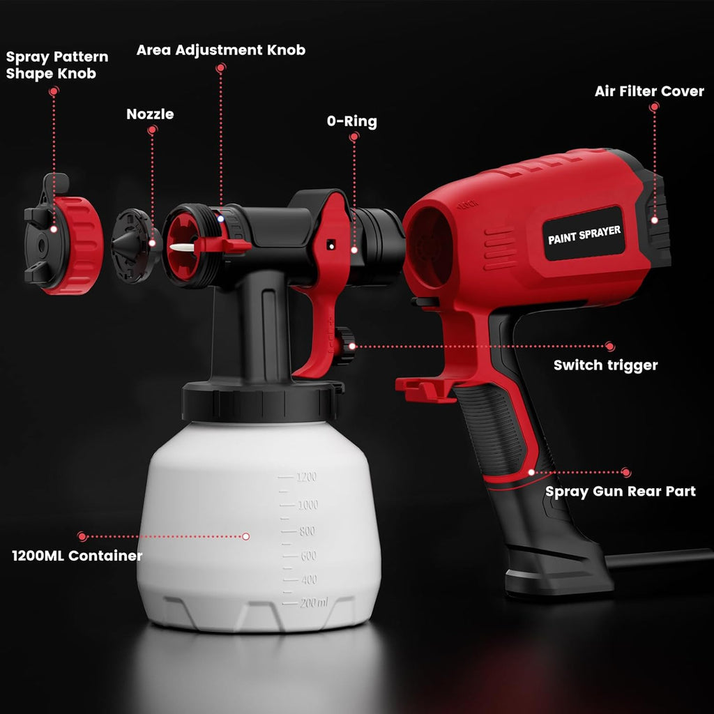 700W Electric Paint Sprayer with 1200ml Container, 4 Nozzles, 3 Patterns (Red) K9074