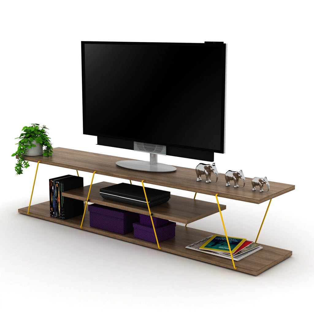 Walnut Yellow 56 inch Low Tv Stand with 4 Shelves M243