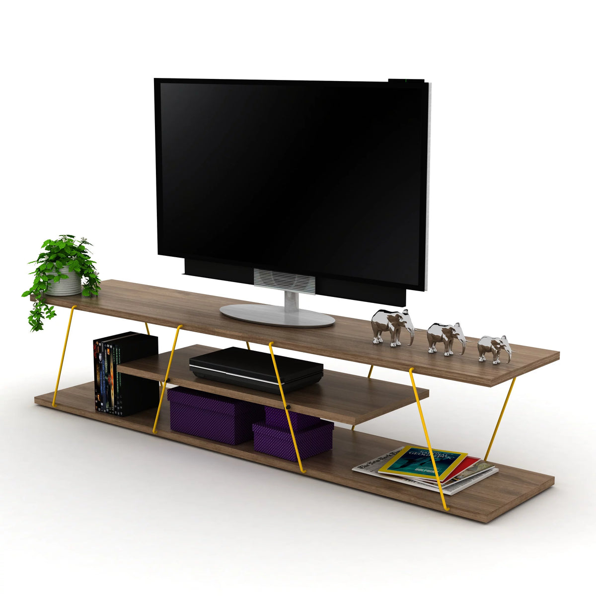 Walnut Yellow 56 inch Low Tv Stand with 4 Shelves M243