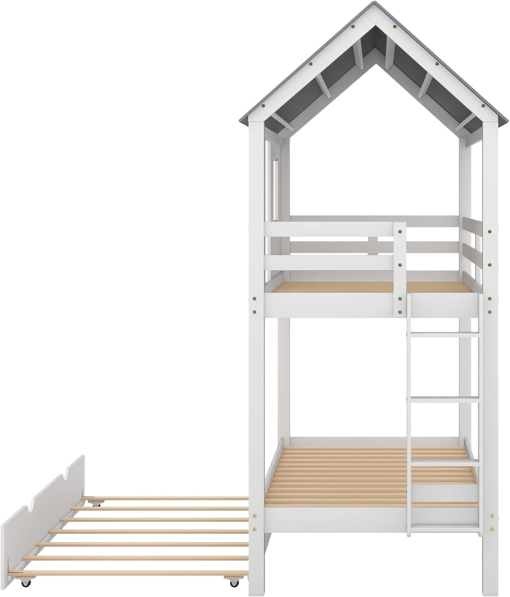 White Wood Twin Over Twin Bunk Bed with Trundle D6070
